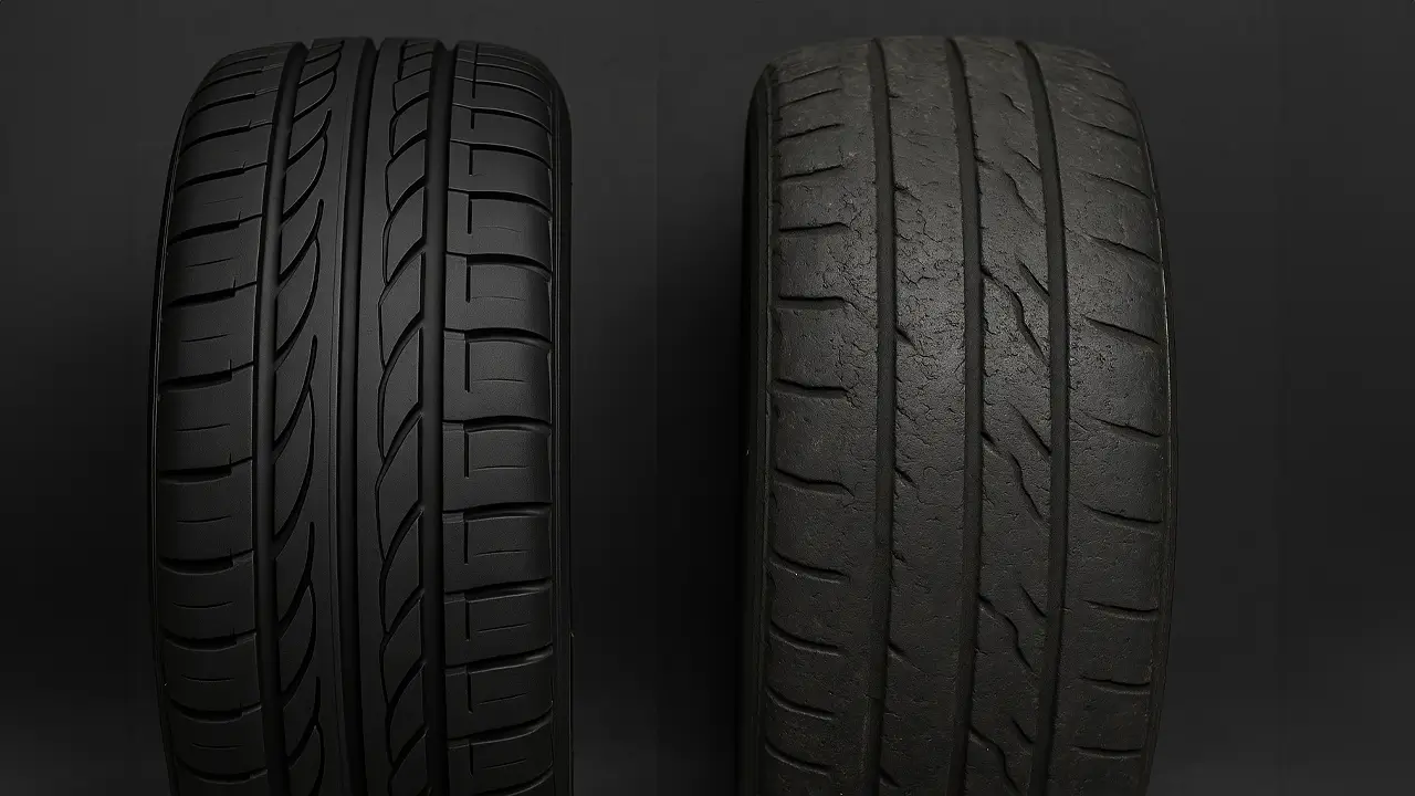 Side-by-side comparison Image of a new and Old tire